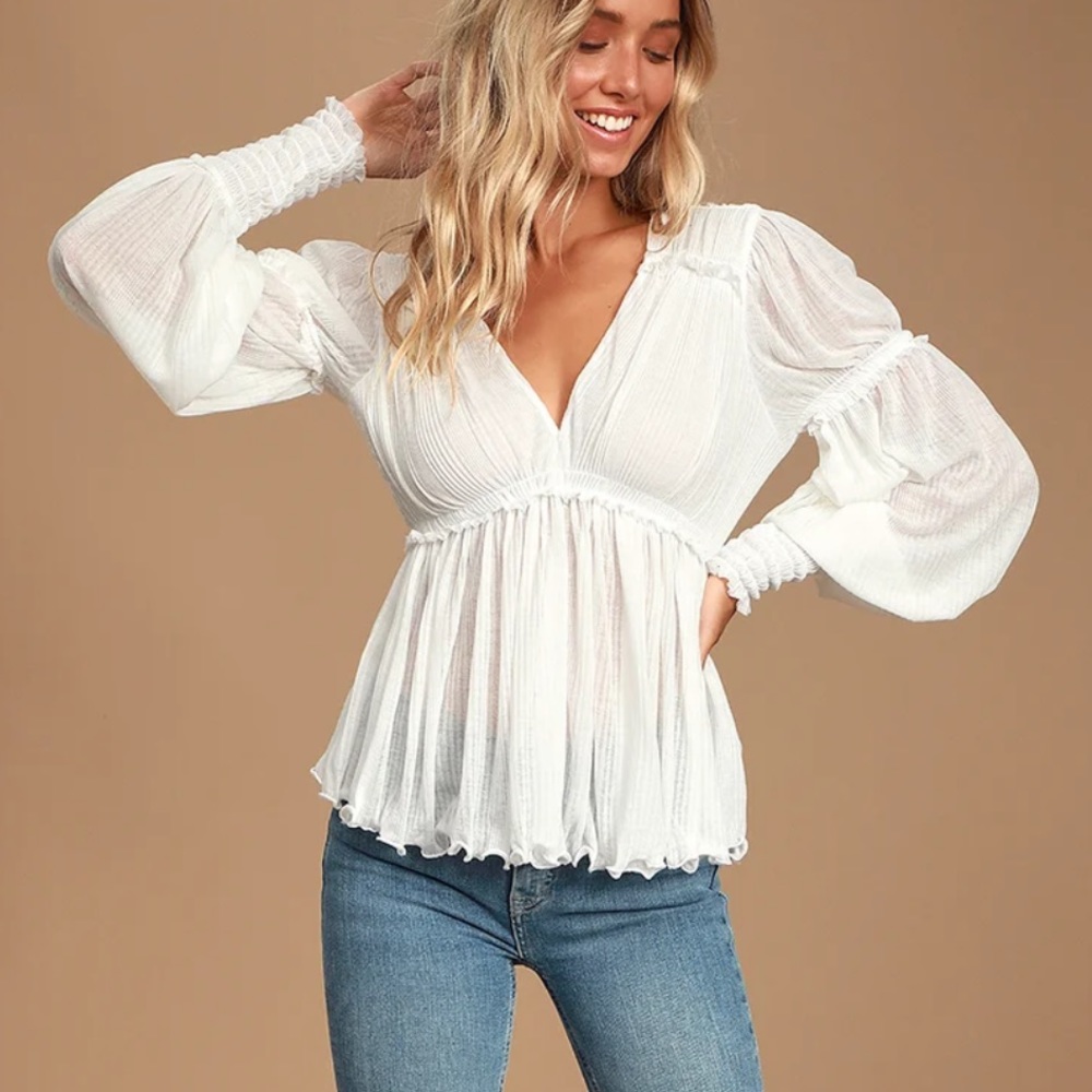 M Free People Day Dreaming White Ruffled Balloon Sleeve Top